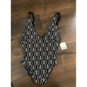 CeCe Womens Black White Botanical Print V-Neck One Piece Swimsuit 14 26CC014